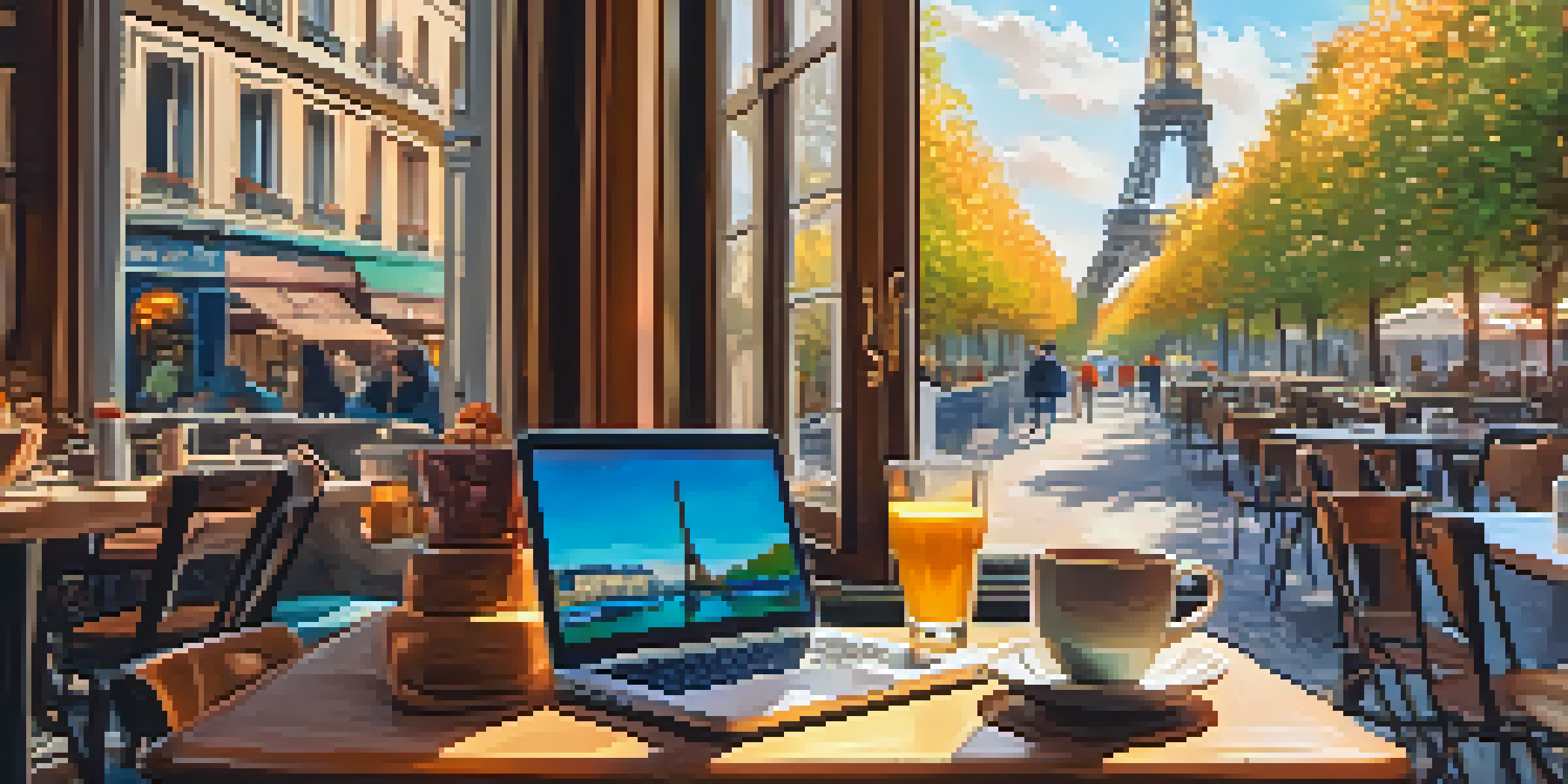 A person working on a laptop at a café in Paris, with pastries and coffee around, and the Eiffel Tower in view.