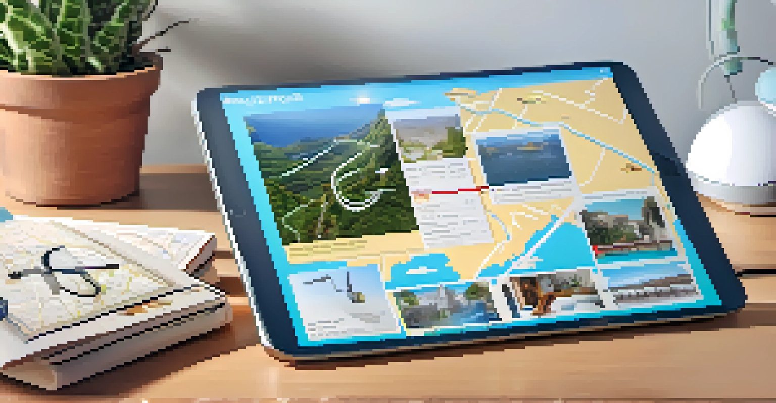 A tablet showing a digital travel itinerary surrounded by travel essentials in a bright room.