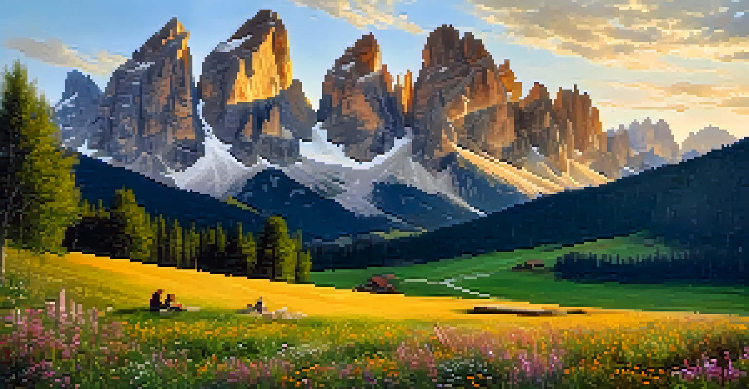 A colorful wildflower meadow in the Dolomites, Italy, with unique rock formations and a couple enjoying wine against a stunning mountain backdrop.
