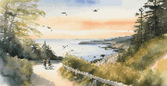 A scenic coastal bike path with cyclists and a beautiful sunset over the ocean.