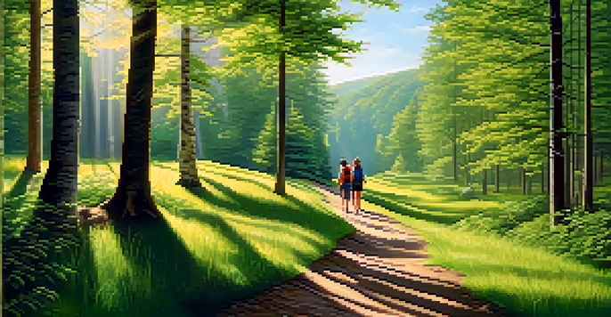 A group of travelers walking on a winding hiking trail in a lush green forest with sunlight filtering through the trees.