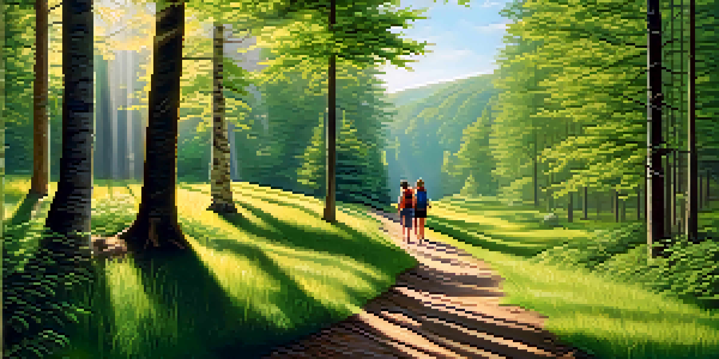 A group of travelers walking on a winding hiking trail in a lush green forest with sunlight filtering through the trees.