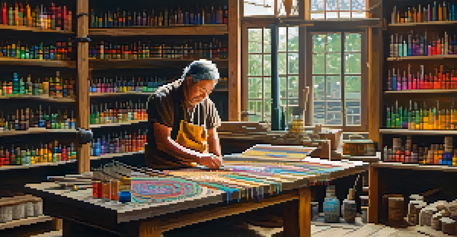 A craftsman in a rustic workshop creating intricate beadwork, with colorful materials surrounding him.