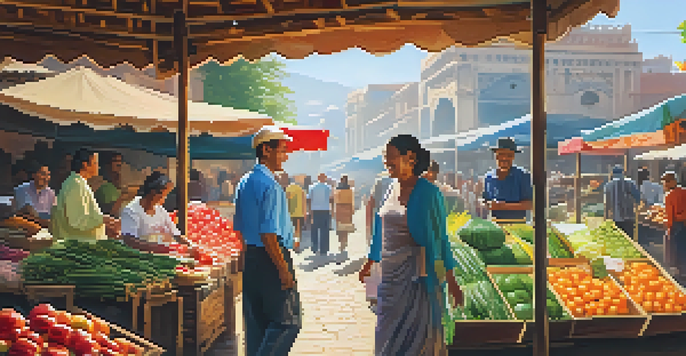 A lively market with colorful stalls, a smiling vendor, and a traveler engaging in conversation, illuminated by warm sunlight.