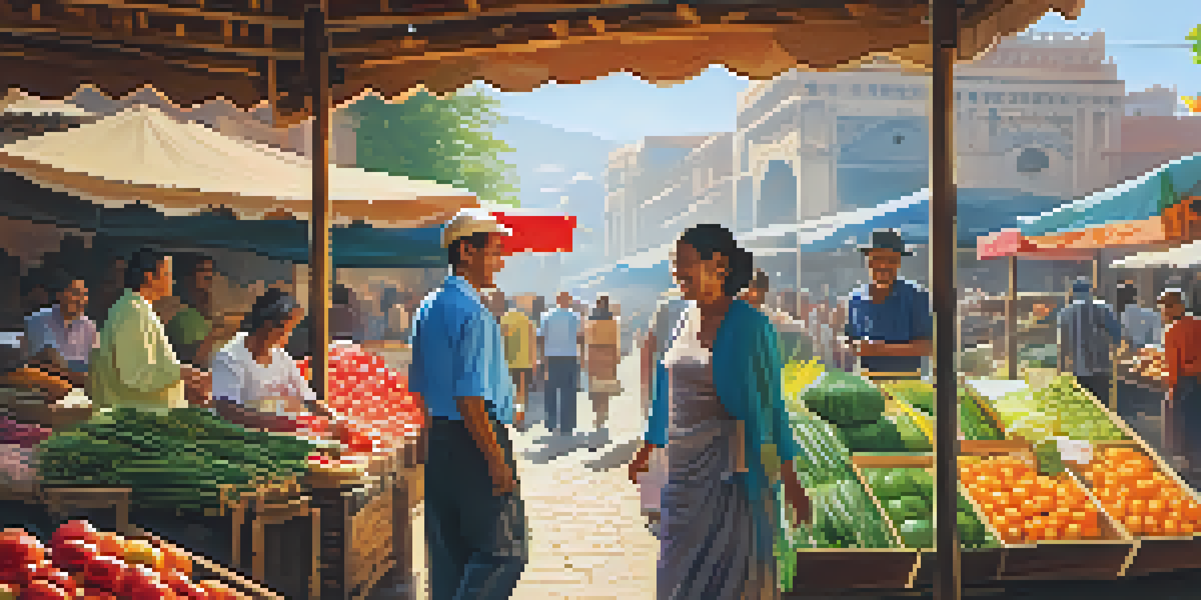 A lively market with colorful stalls, a smiling vendor, and a traveler engaging in conversation, illuminated by warm sunlight.