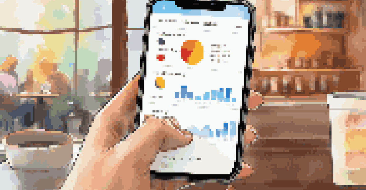 A person tracking travel rewards on a smartphone in a café, with a coffee cup nearby.