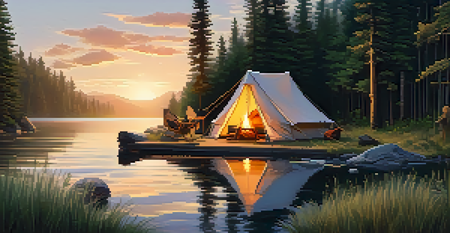 A minimalist campsite by a lakeside at sunset, featuring a small tent and campfire.