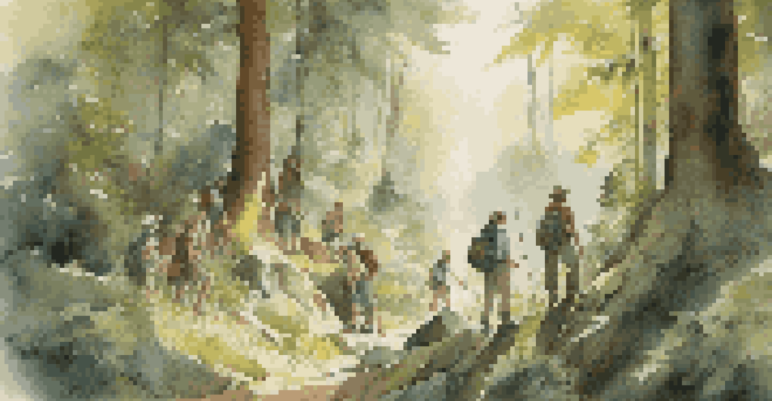 A diverse group of adventurers navigating a dense forest with a map and pointing towards a rock formation.