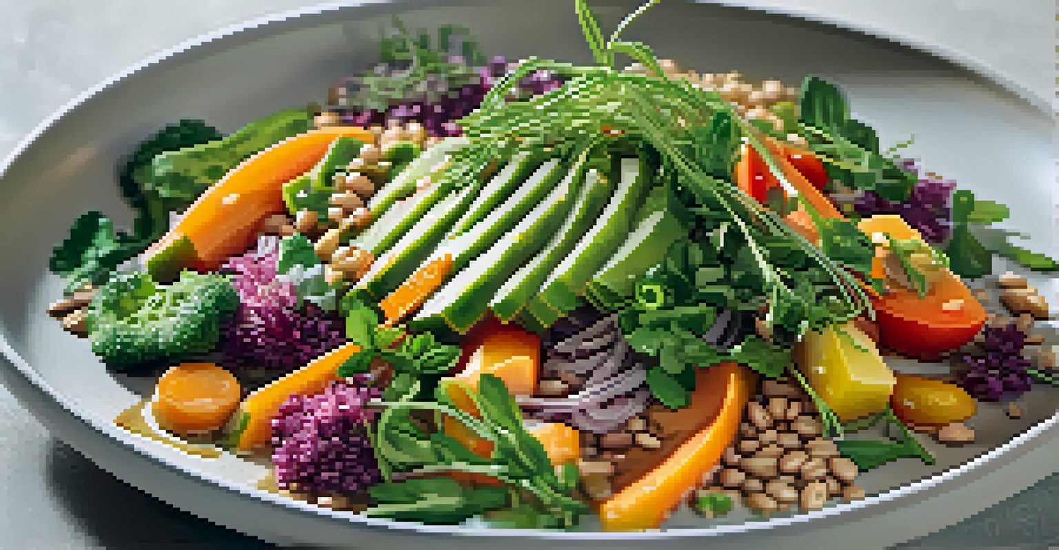An artfully plated plant-based dish with seasonal vegetables, grains, and a vibrant sauce, illuminated by soft natural light.