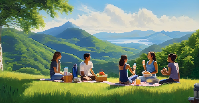 A group of travelers having a picnic with reusable containers and stainless steel water bottles in a green landscape with mountains in the background.