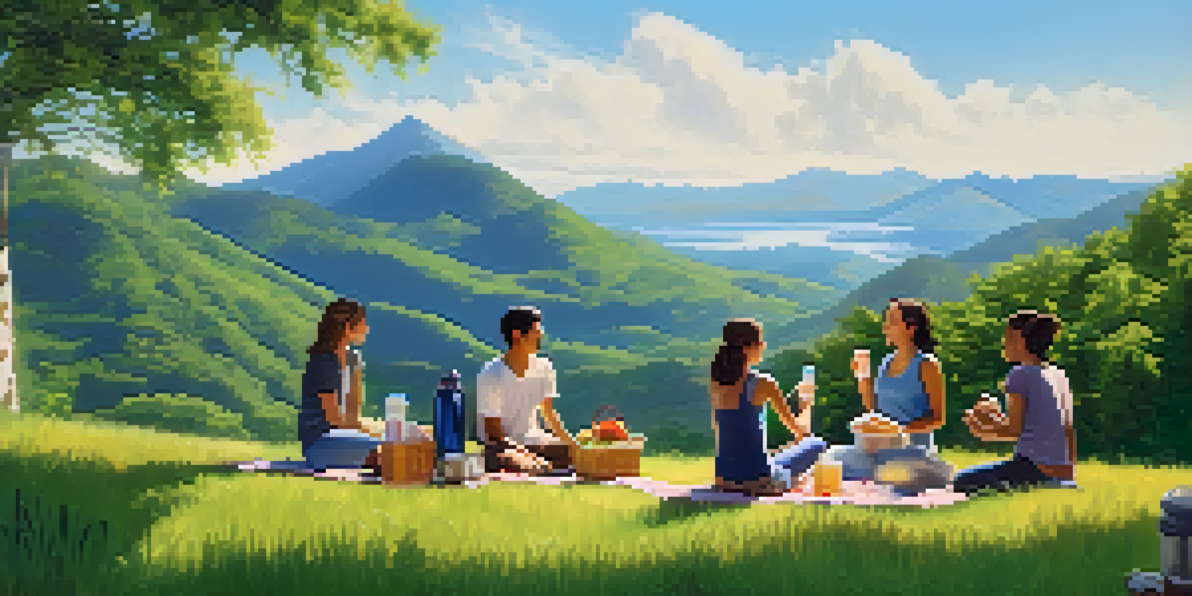 A group of travelers having a picnic with reusable containers and stainless steel water bottles in a green landscape with mountains in the background.