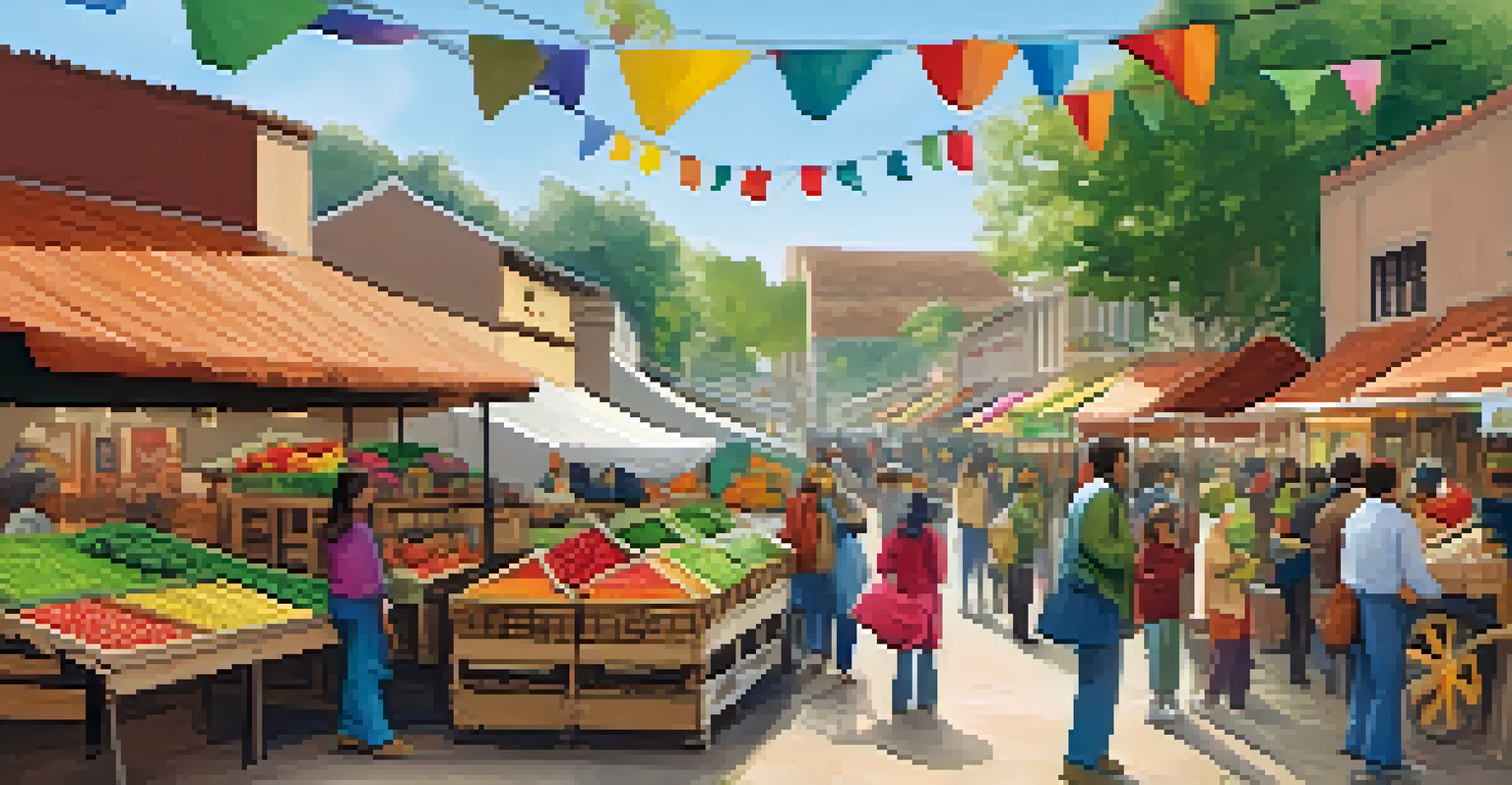 A vibrant local market with colorful stalls, handmade crafts, and friendly vendors promoting sustainability.