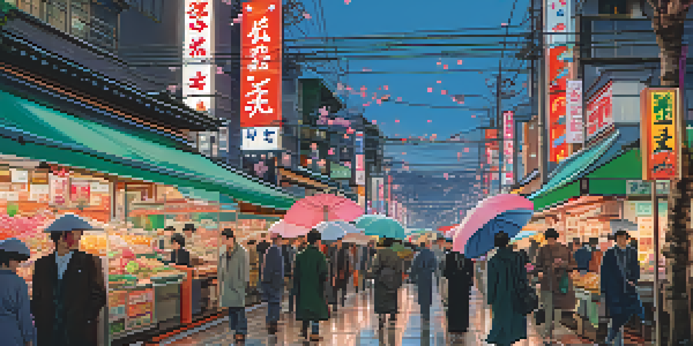 A bustling street in Tokyo at night, illuminated by neon lights and filled with people and cherry blossoms.