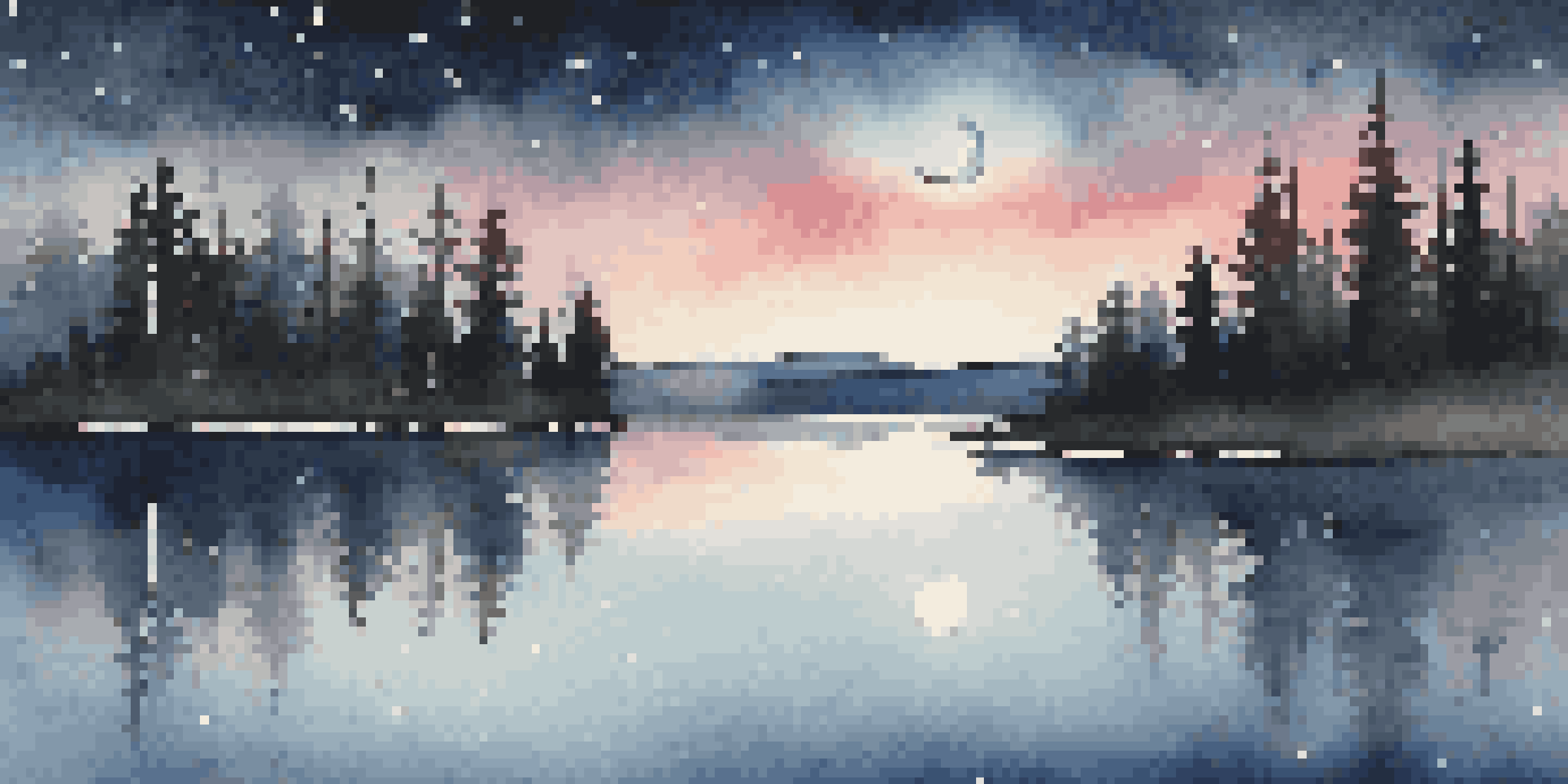 A tranquil lake at night reflecting a starry sky and a crescent moon, surrounded by pine trees.