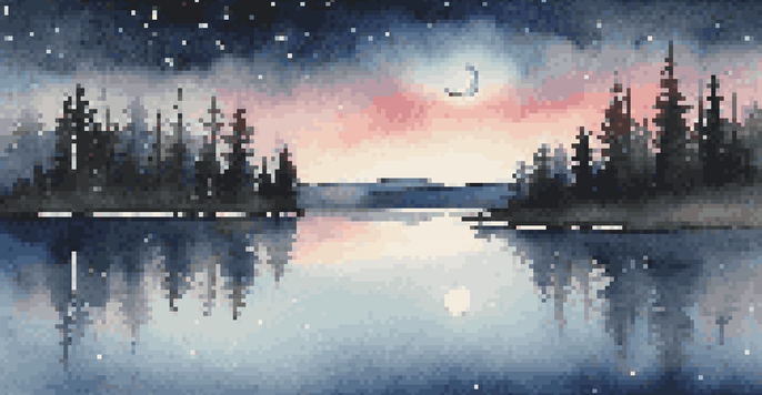 A tranquil lake at night reflecting a starry sky and a crescent moon, surrounded by pine trees.