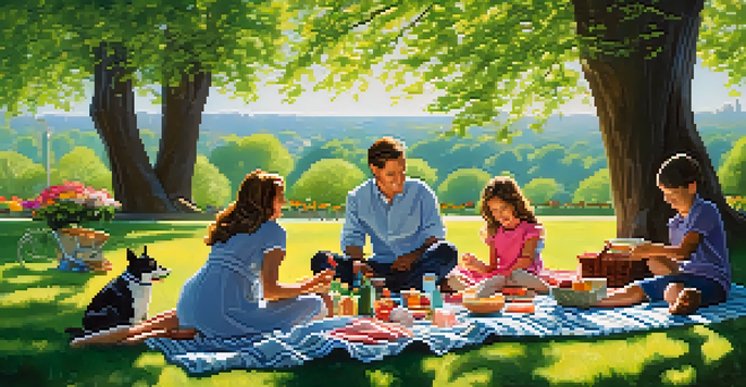 A family having a picnic in a colorful botanical garden during spring, surrounded by blooming flowers under a bright blue sky.