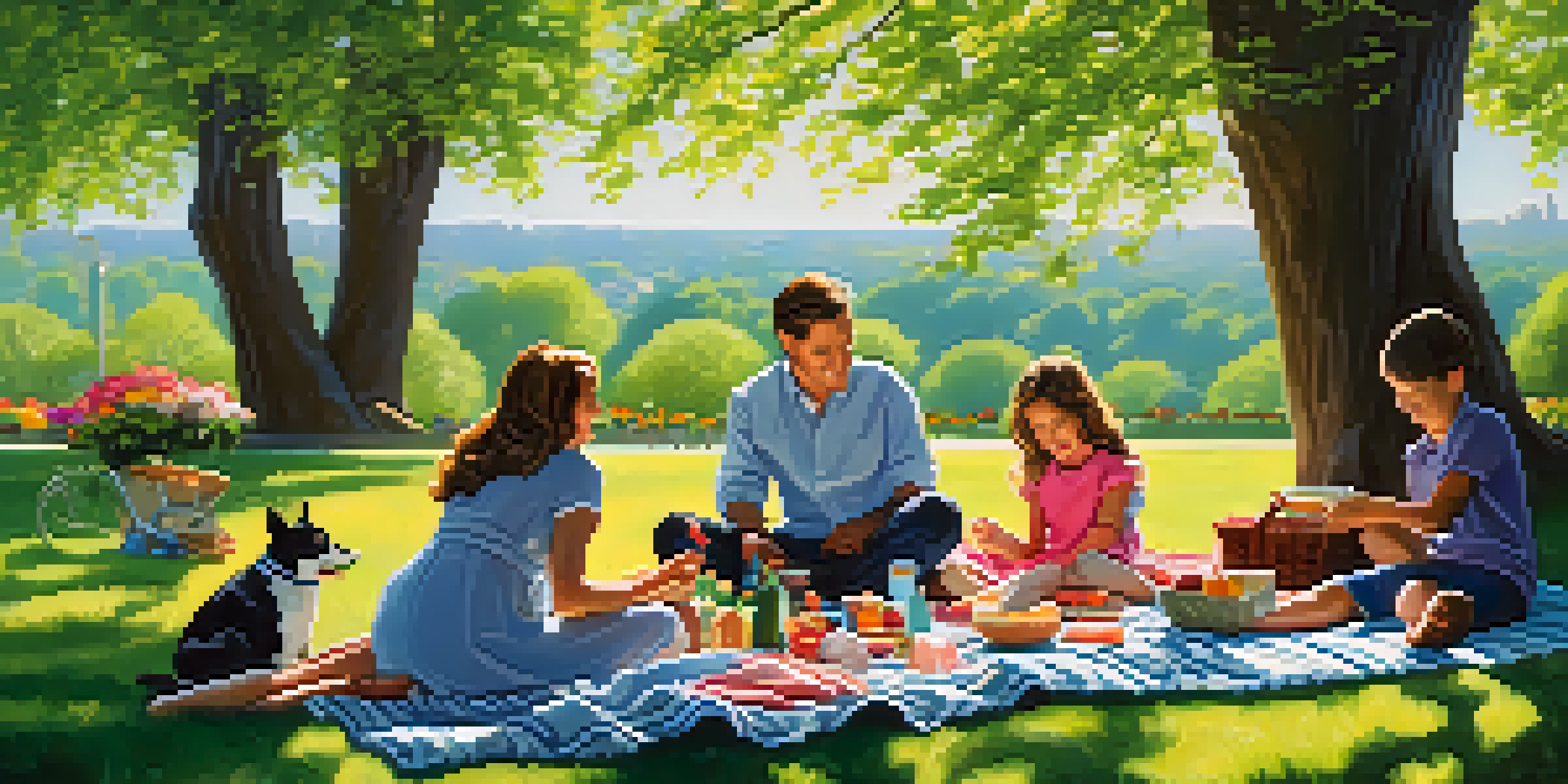 A family having a picnic in a colorful botanical garden during spring, surrounded by blooming flowers under a bright blue sky.