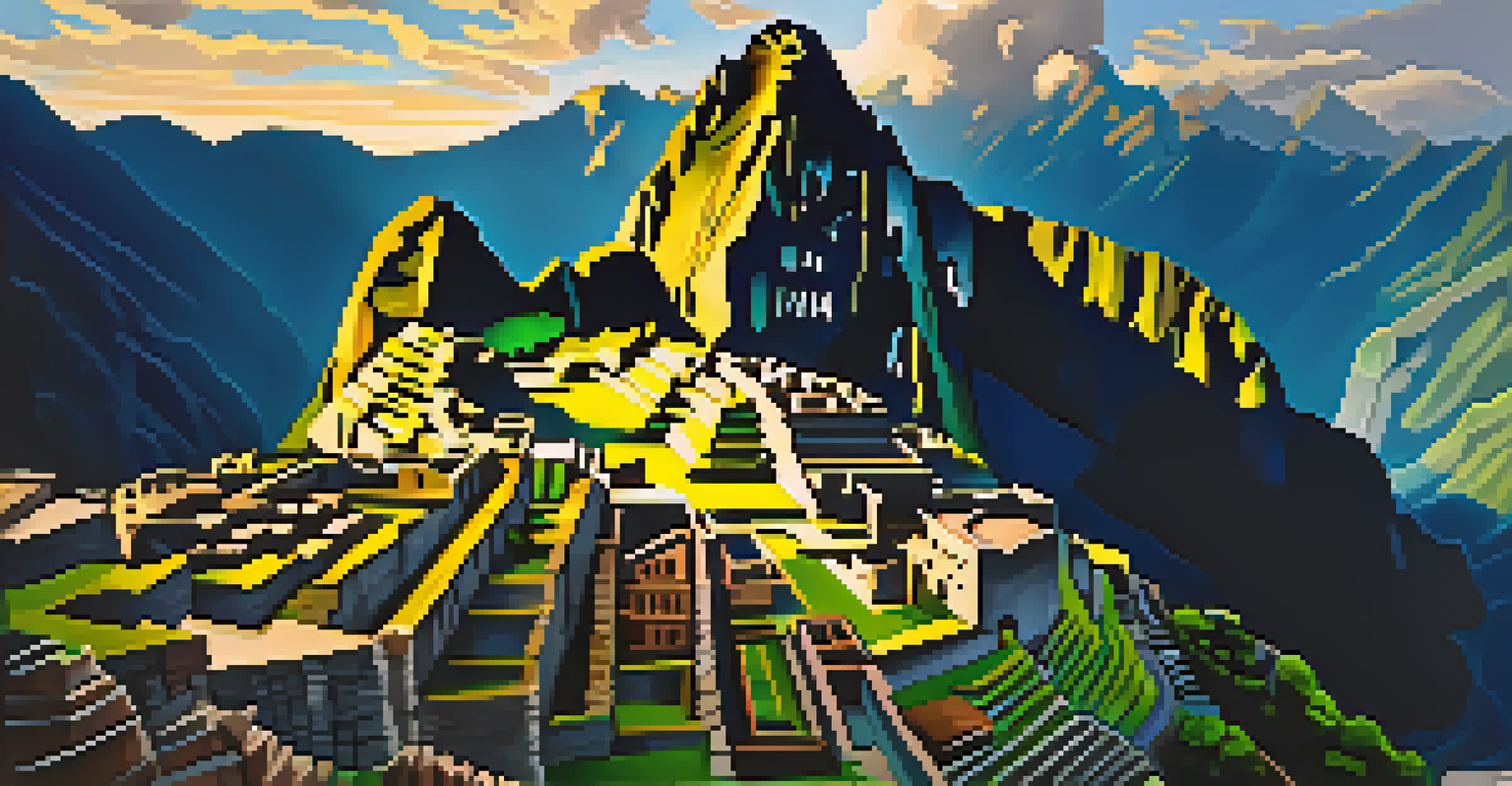 Aerial view of Machu Picchu surrounded by misty mountains and greenery, showcasing ancient Incan architecture in soft sunlight.