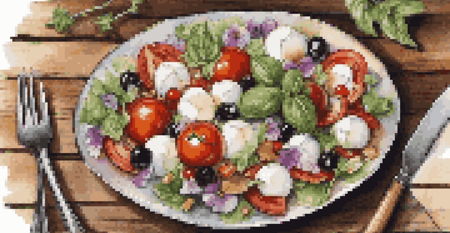 A colorful summer salad featuring fresh tomatoes, basil, mozzarella, and edible flowers on a rustic wooden table.