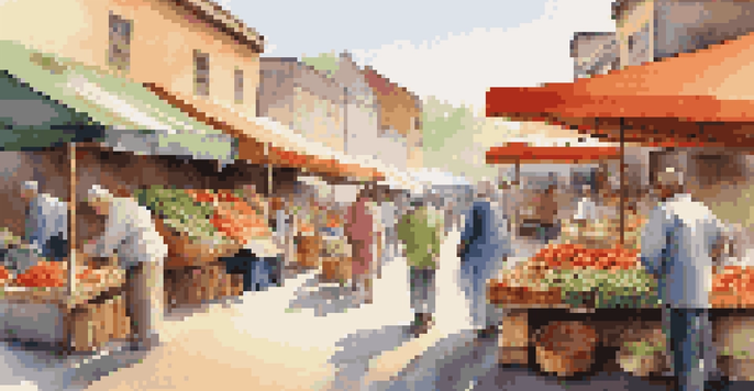 A bustling local market with colorful stalls filled with fruits and vegetables, locals chatting and enjoying street food under warm morning light.