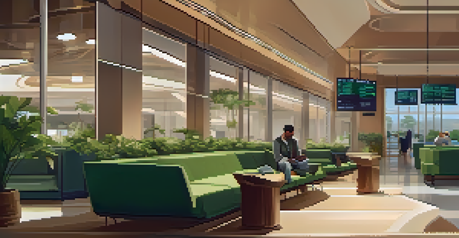 A peaceful airport lounge area with comfortable seating, charging stations, and a traveler relaxing in the corner. The decor is modern with soft lighting and greenery.