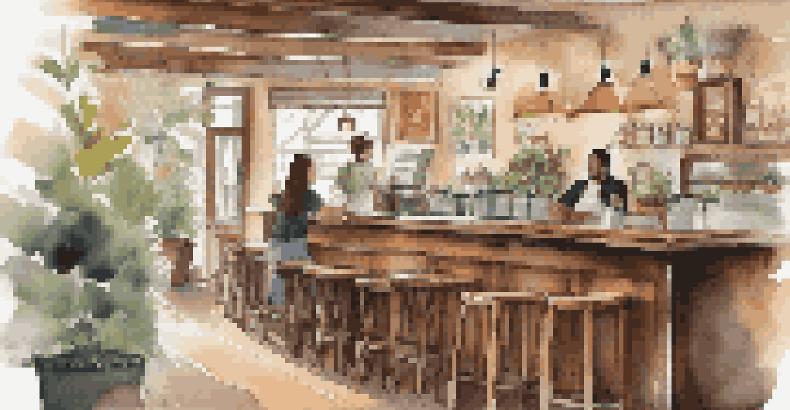 A cozy café with wooden furniture, a couple in conversation, and a barista preparing coffee in a warm atmosphere.