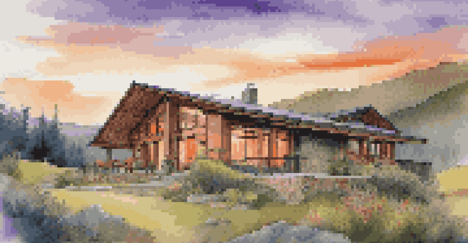 An eco-friendly lodge in the mountains with a sunset view and a garden.