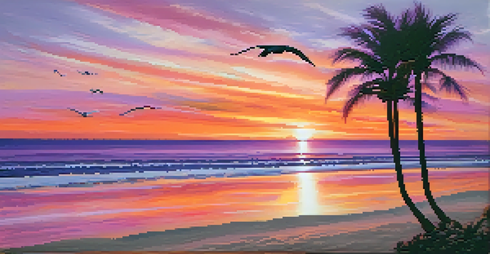 A beautiful sunset over a calm beach, with silhouetted palm trees and gentle waves.