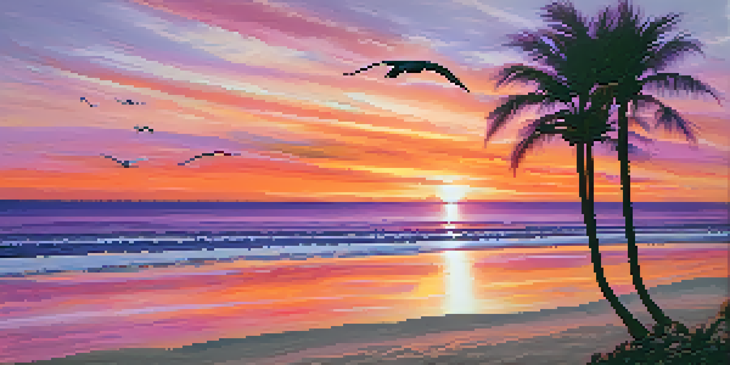 A beautiful sunset over a calm beach, with silhouetted palm trees and gentle waves.