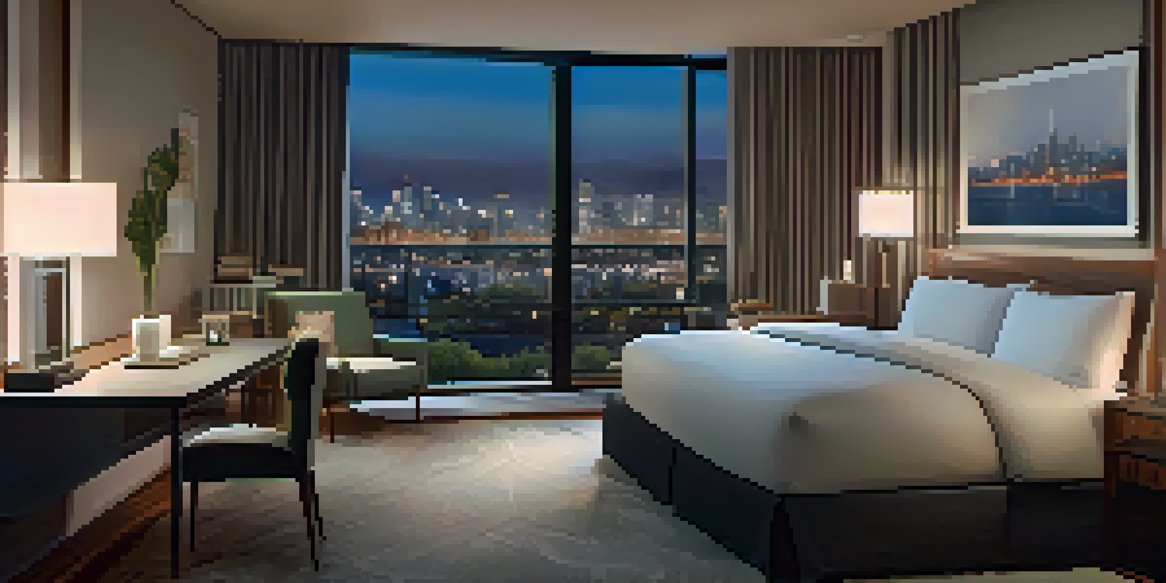 A cozy hotel room with a large bed, soft lighting, and blackout curtains, creating a peaceful atmosphere for relaxation.