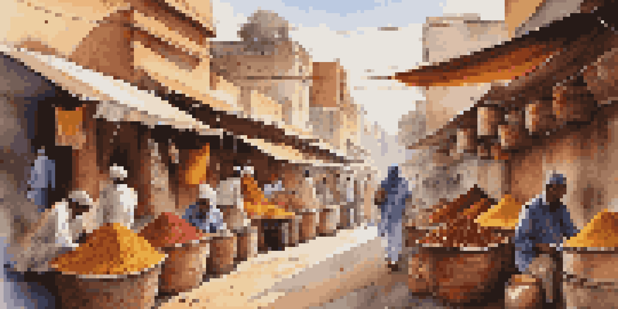 A bustling spice market in Rajasthan with colorful spices in baskets and traditional architecture.