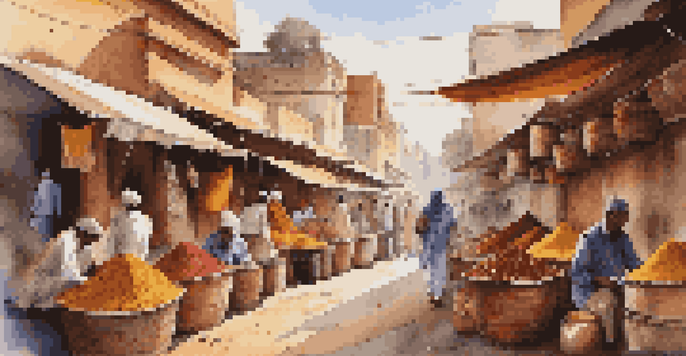 A bustling spice market in Rajasthan with colorful spices in baskets and traditional architecture.