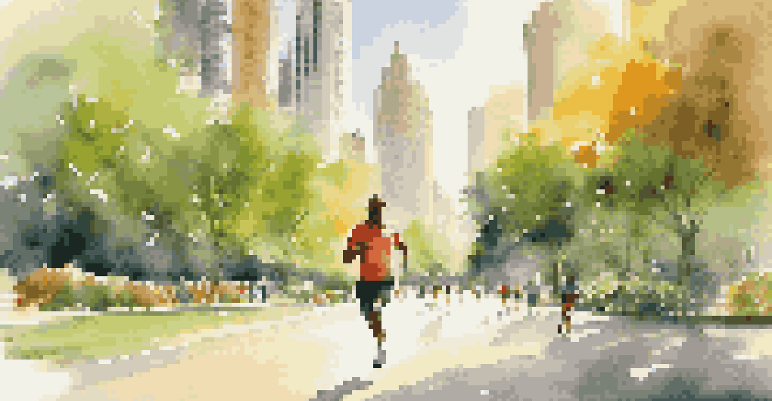 A person running in a city park with tall buildings in the background, enjoying a workout during a business trip under bright sunlight.