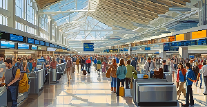 A busy airport terminal with travelers at check-in counters and shops, illuminated by bright lights.