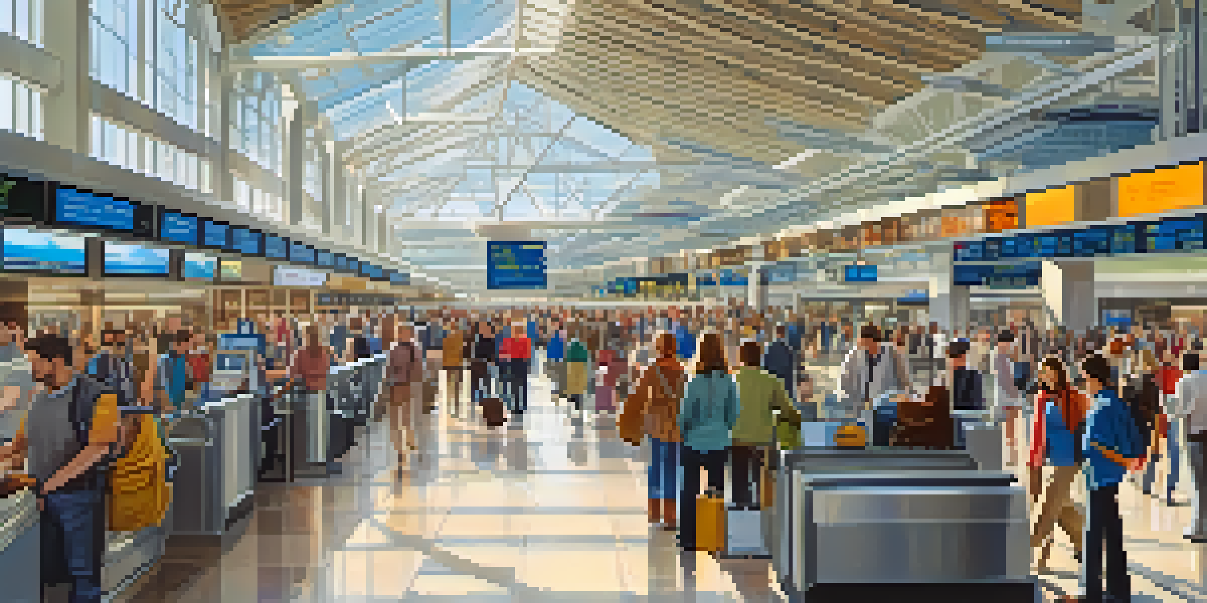 A busy airport terminal with travelers at check-in counters and shops, illuminated by bright lights.