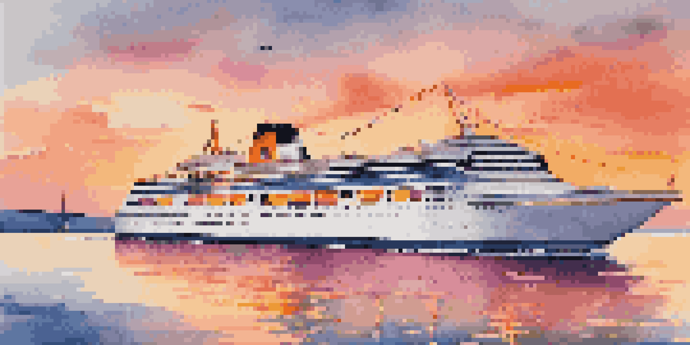 A luxurious cruise ship on a calm ocean at sunset, with passengers enjoying the deck and vibrant colors in the sky.