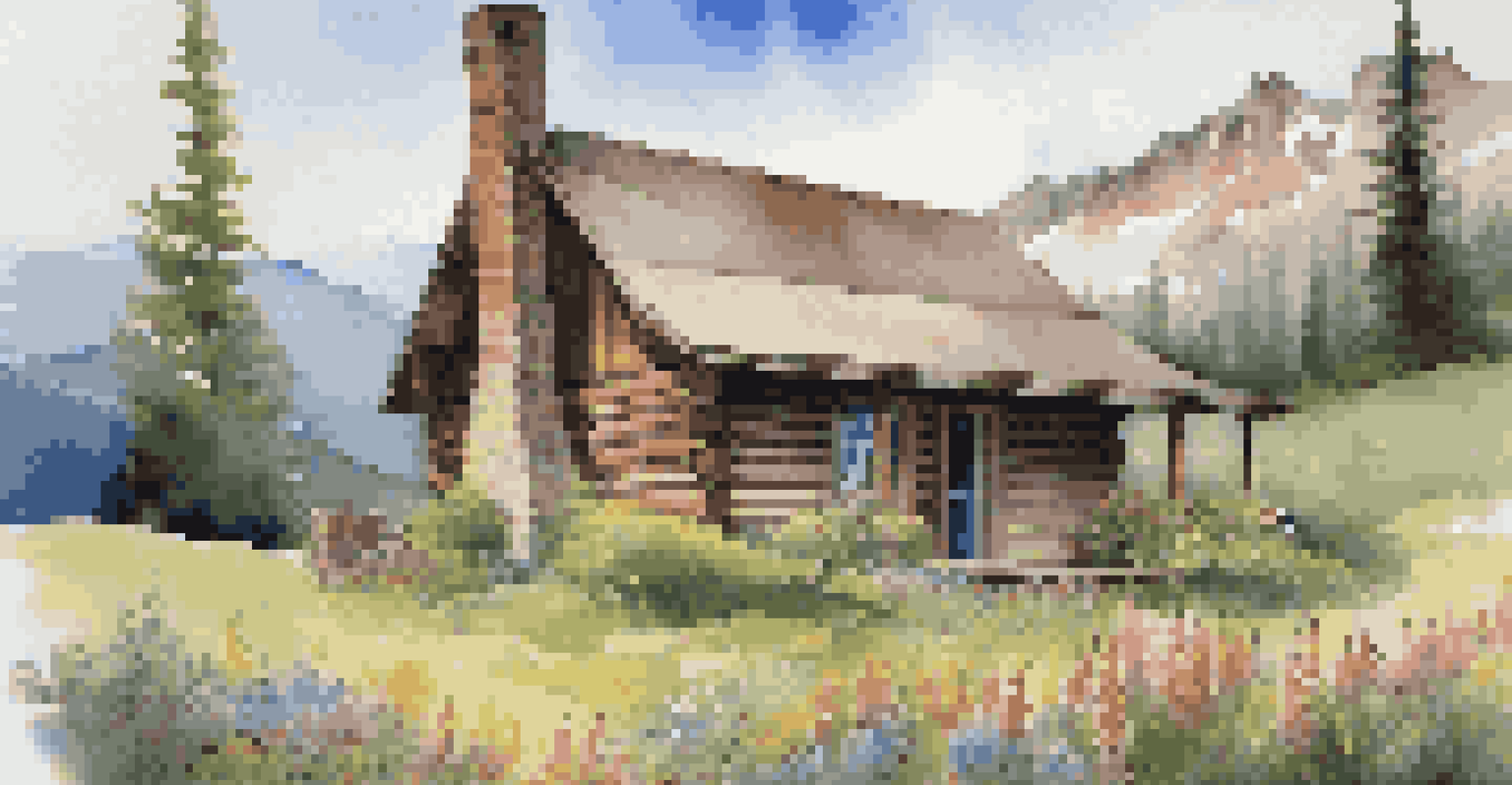 A mountain cabin surrounded by greenery and wildflowers, with mountains in the background.