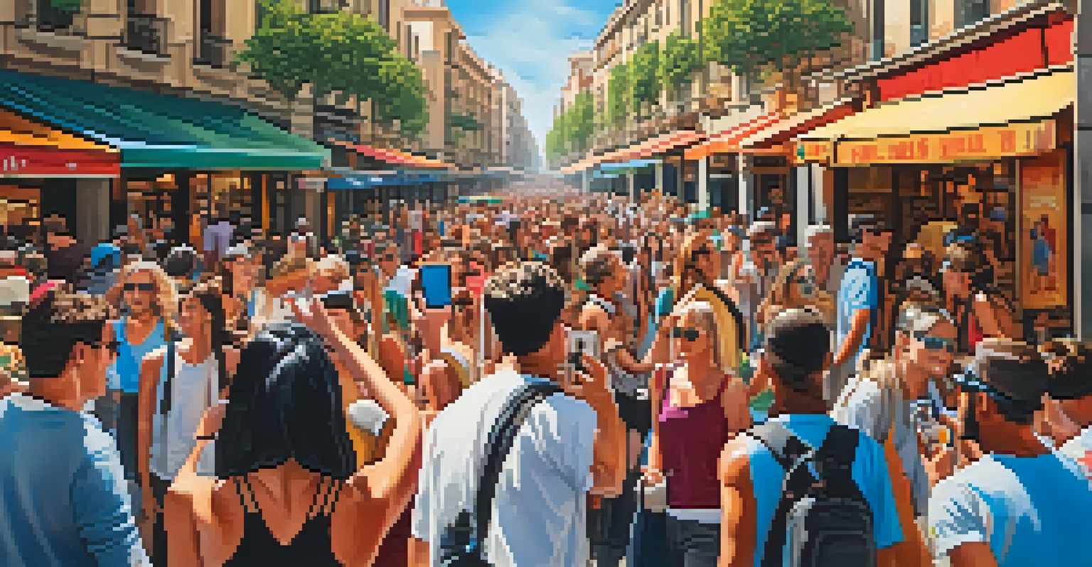 A lively Barcelona street filled with tourists and street performers, showcasing the vibrant culture and the impact of over-tourism.