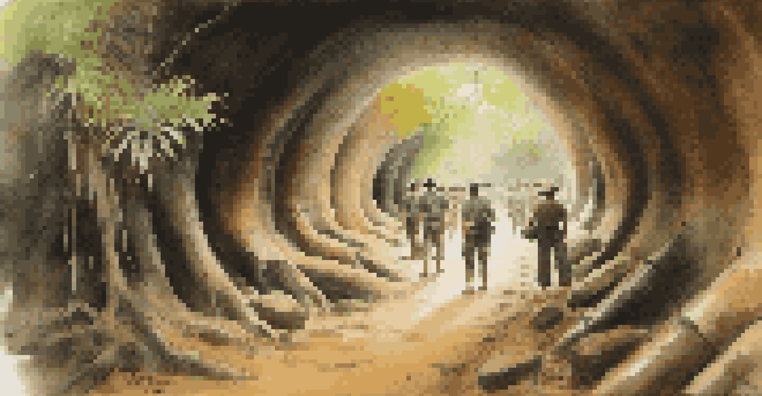 Visitors exploring the narrow, dark passages of the Cu Chi Tunnels with historical artifacts in view.