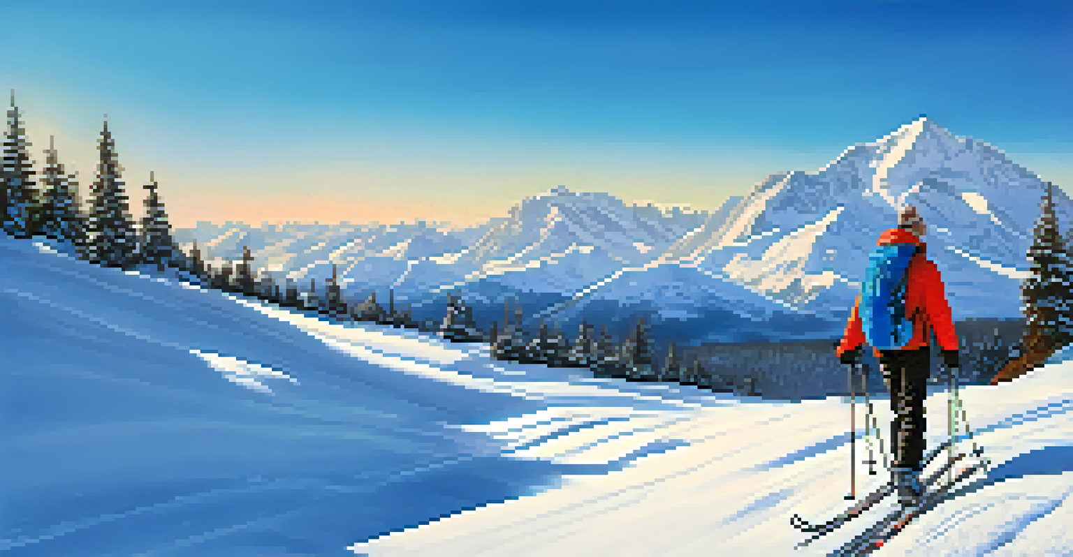 A person using ski poles on a snowy mountain trail, wearing a beanie and gloves, with a blue sky above.