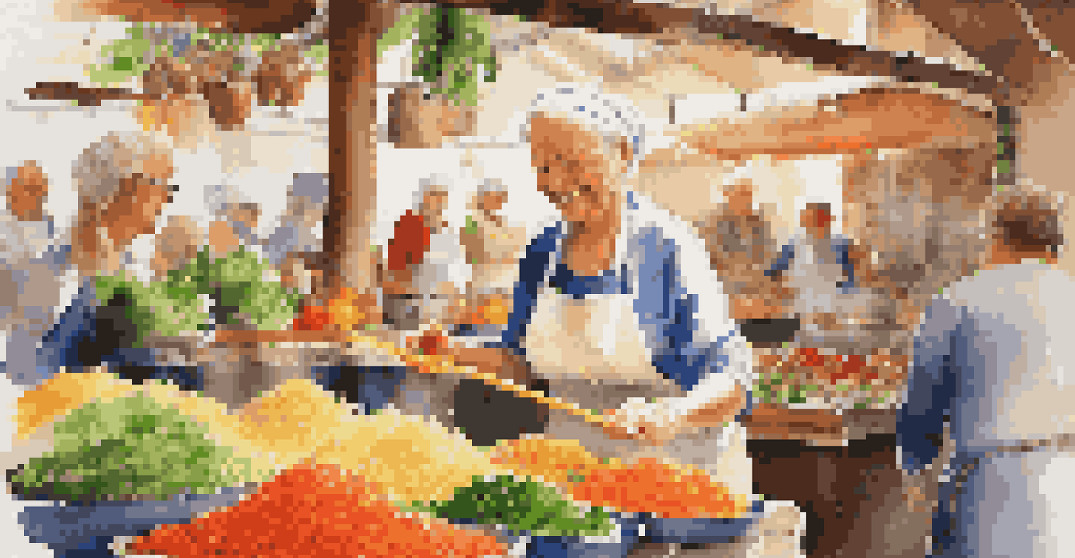 A senior woman engaged in a cooking class at a colorful local market in Italy, learning to make pasta with fresh ingredients and a cheerful chef.