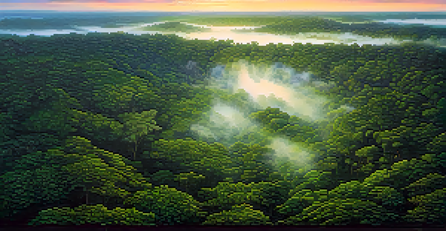 An aerial view of the Amazon Rainforest at dawn, with mist rising from the dense green canopy and sunlight filtering through the leaves.