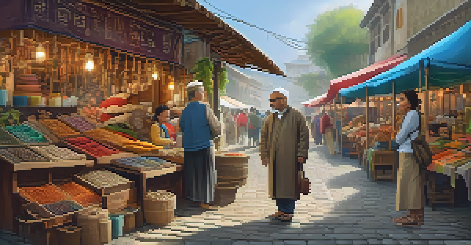 A traveler interacting with a local shopkeeper in a vibrant street market, with colorful stalls and a lively atmosphere in the background.