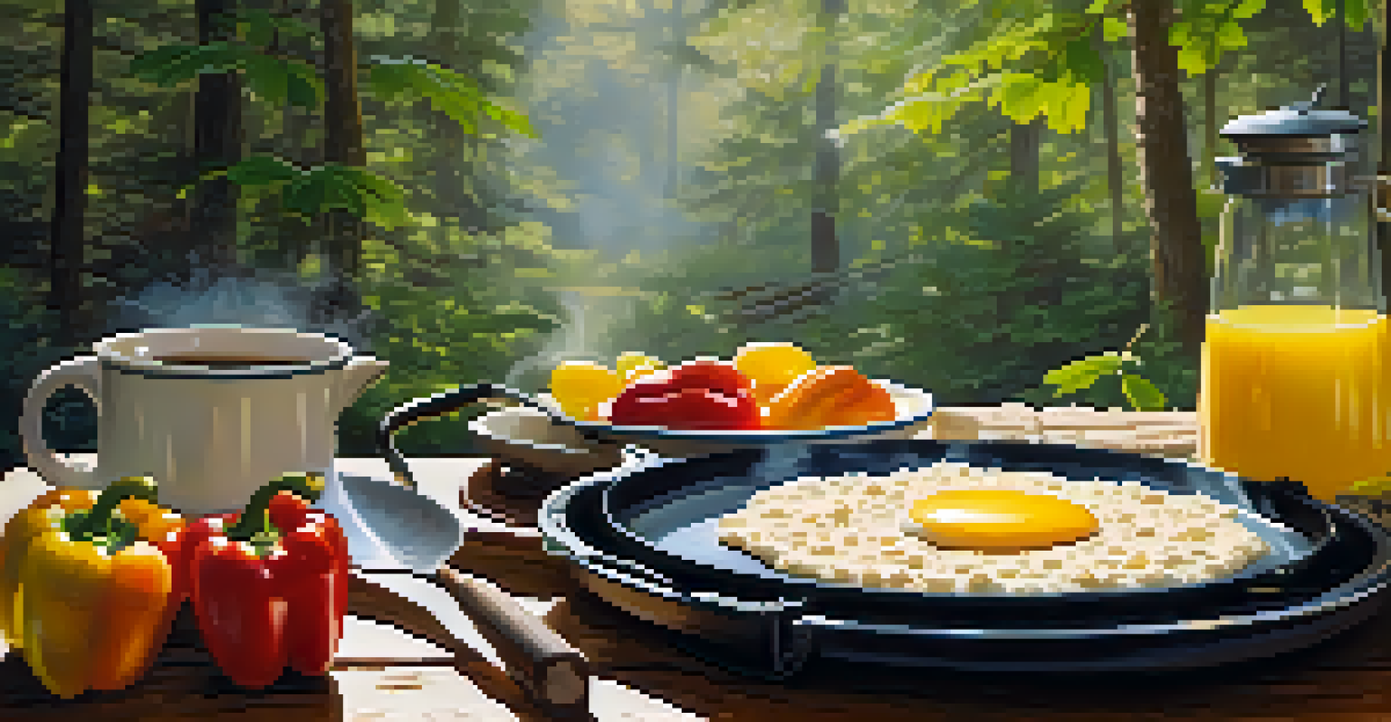 An outdoor breakfast scene with scrambled eggs cooking on a stove, fresh fruits, and a cup of coffee in a beautiful forest setting.