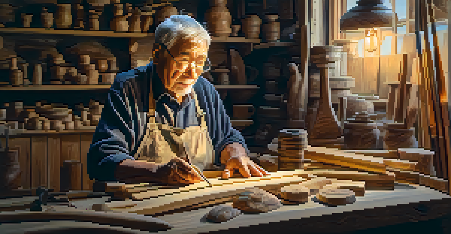 An elderly artisan working intently in their workshop, surrounded by beautiful handcrafted wooden pieces and warm lighting.
