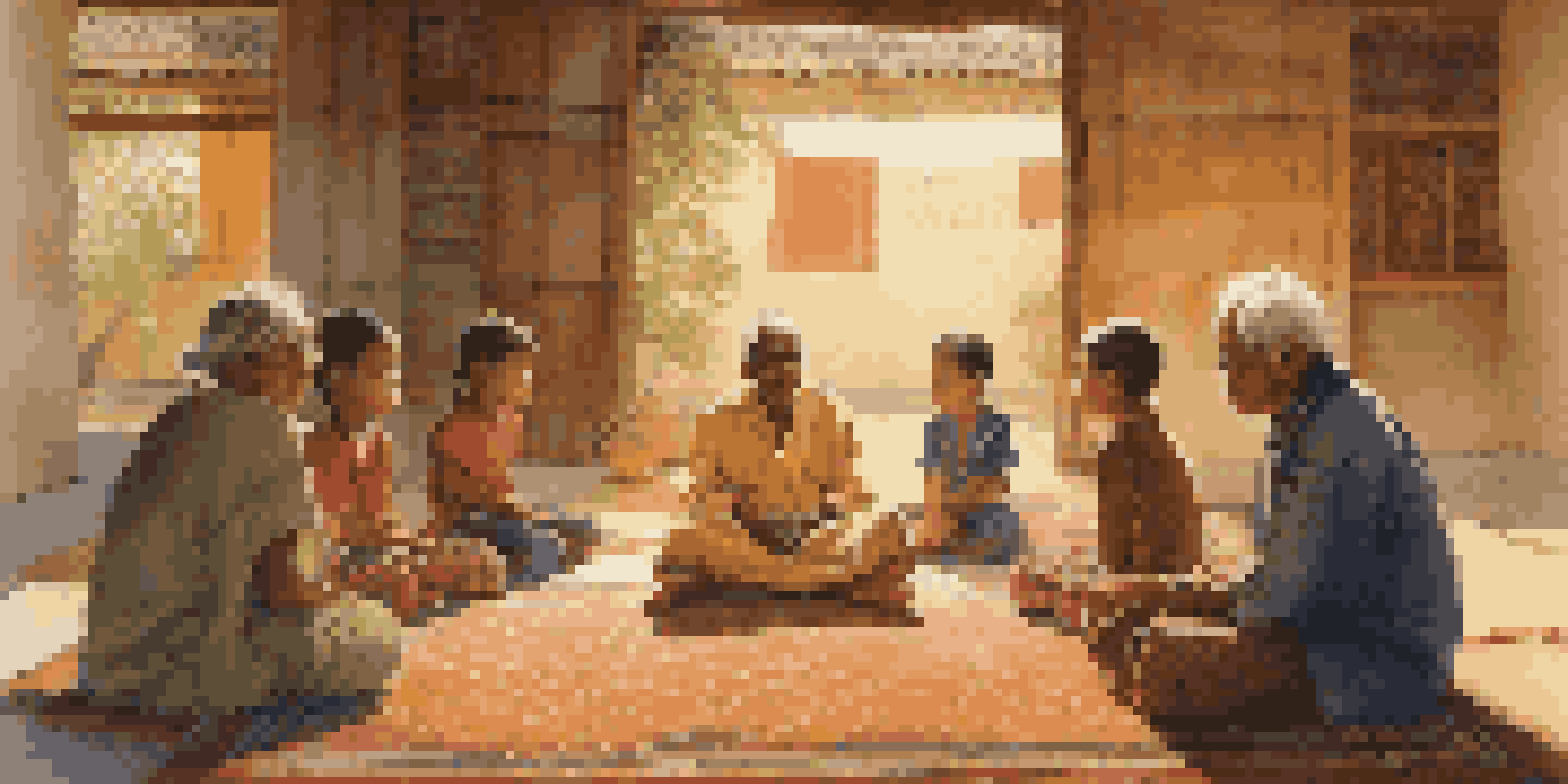 An elder sharing a story with children in a warmly lit room, surrounded by colorful tapestries.