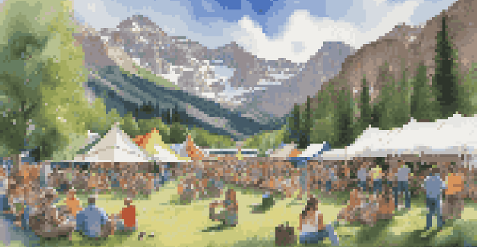 A lively festival scene in a mountain meadow surrounded by Rocky Mountains, with colorful tents and a crowd enjoying live music.