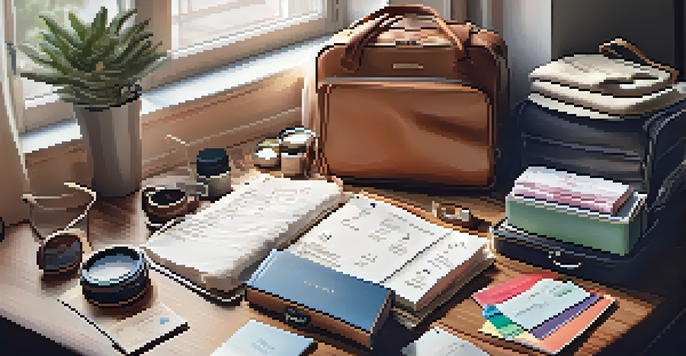 A travel packing list on a wooden table with a passport and suitcase.