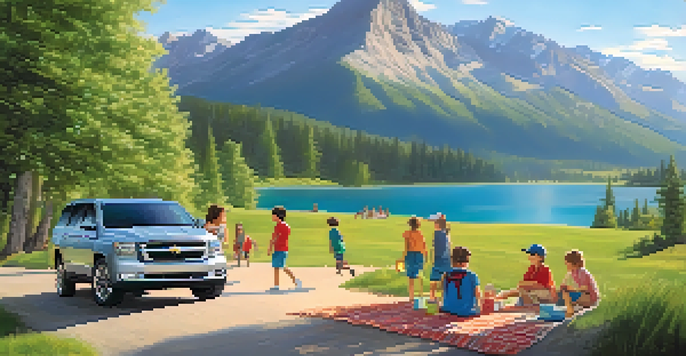 A silver SUV parked in a picturesque mountain setting, with children playing and a picnic setup nearby, surrounded by vibrant greenery and a clear blue sky.