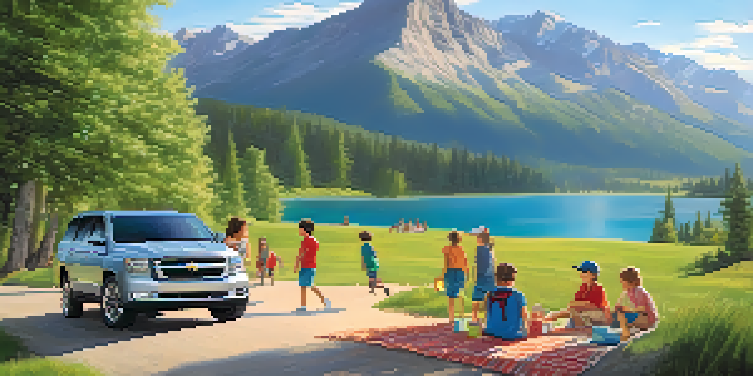 A silver SUV parked in a picturesque mountain setting, with children playing and a picnic setup nearby, surrounded by vibrant greenery and a clear blue sky.